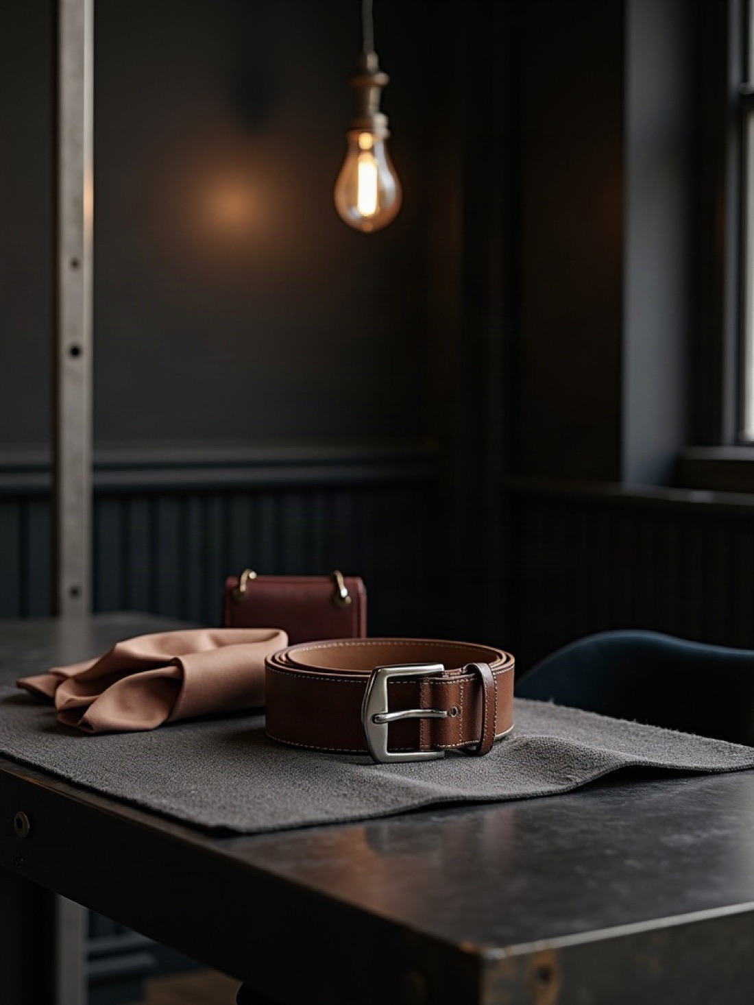 Leather belt, silk scarf and compact bag on a steel table