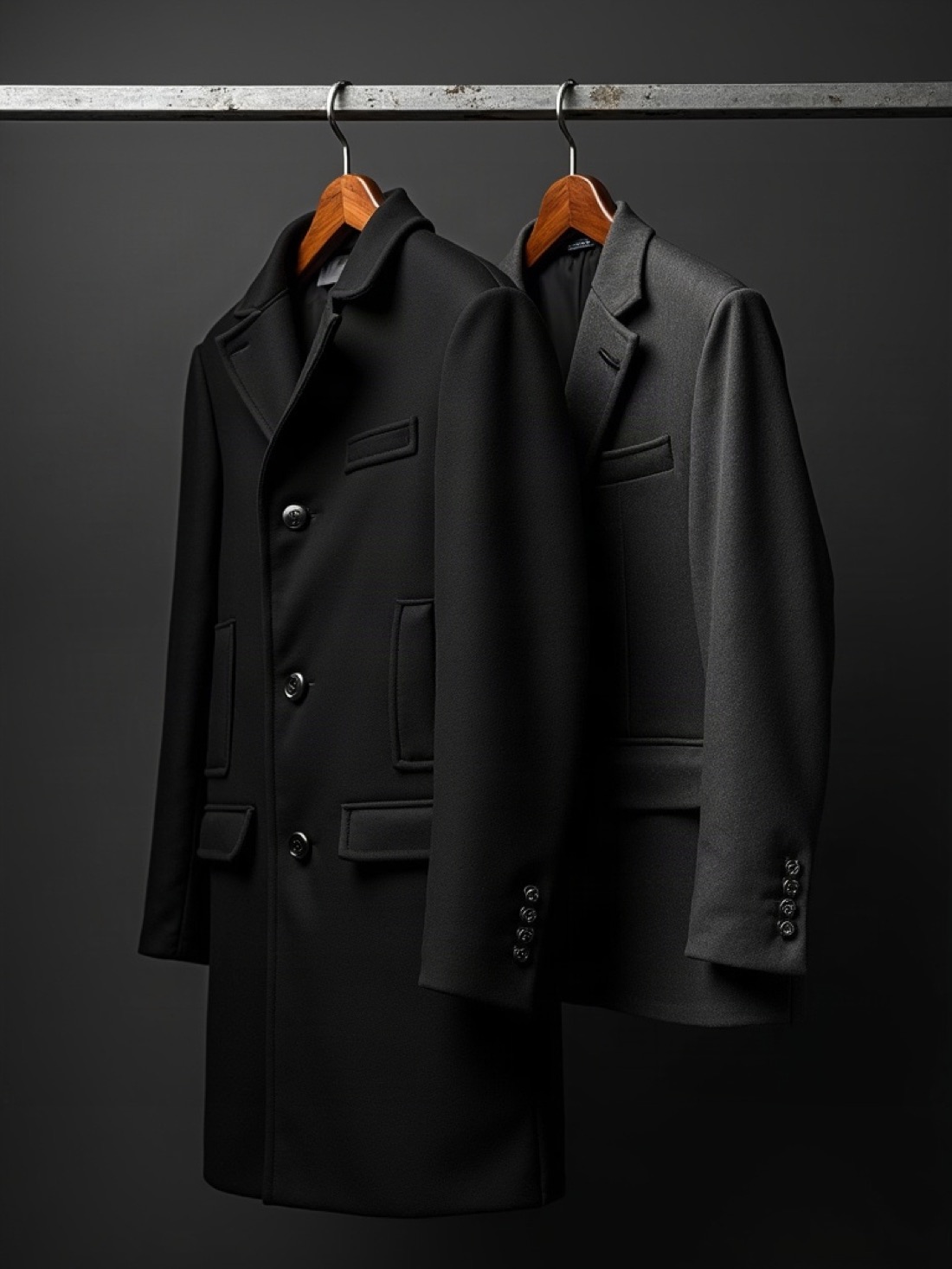 Charcoal wool overcoat and graphite jacket on a steel rail