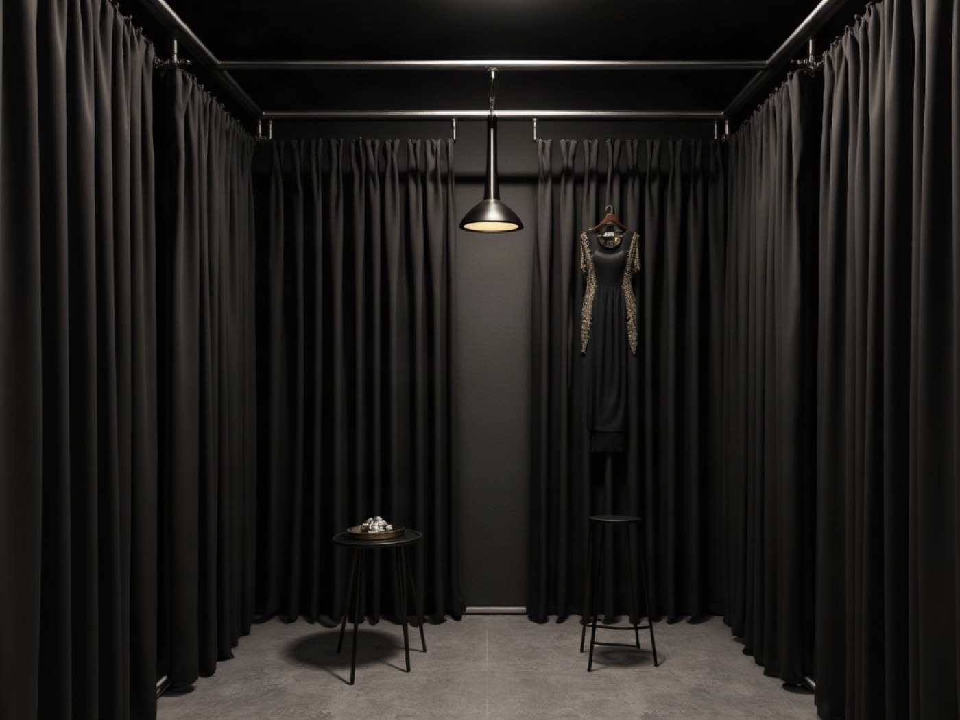 Private fitting bay with a dress on a steel hanger and charcoal curtains