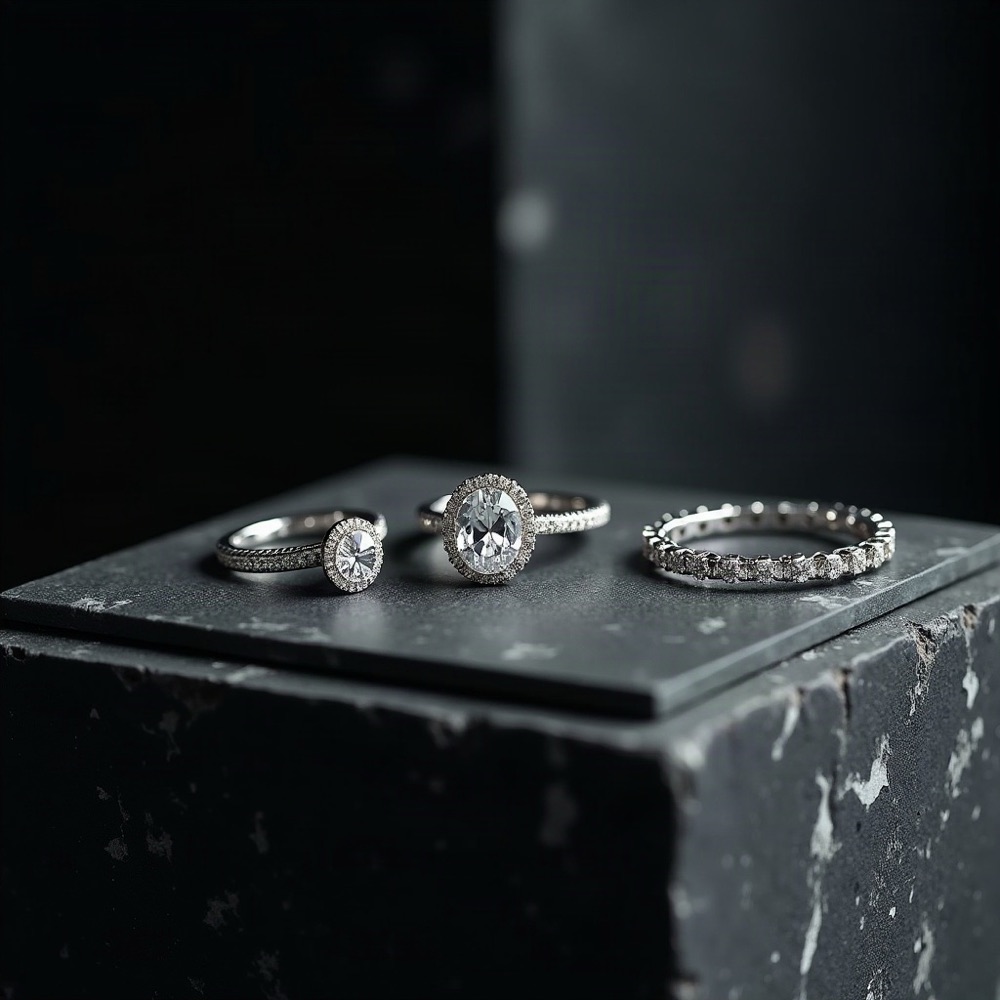 Platinum rings with clear stones on a dark graphite slab