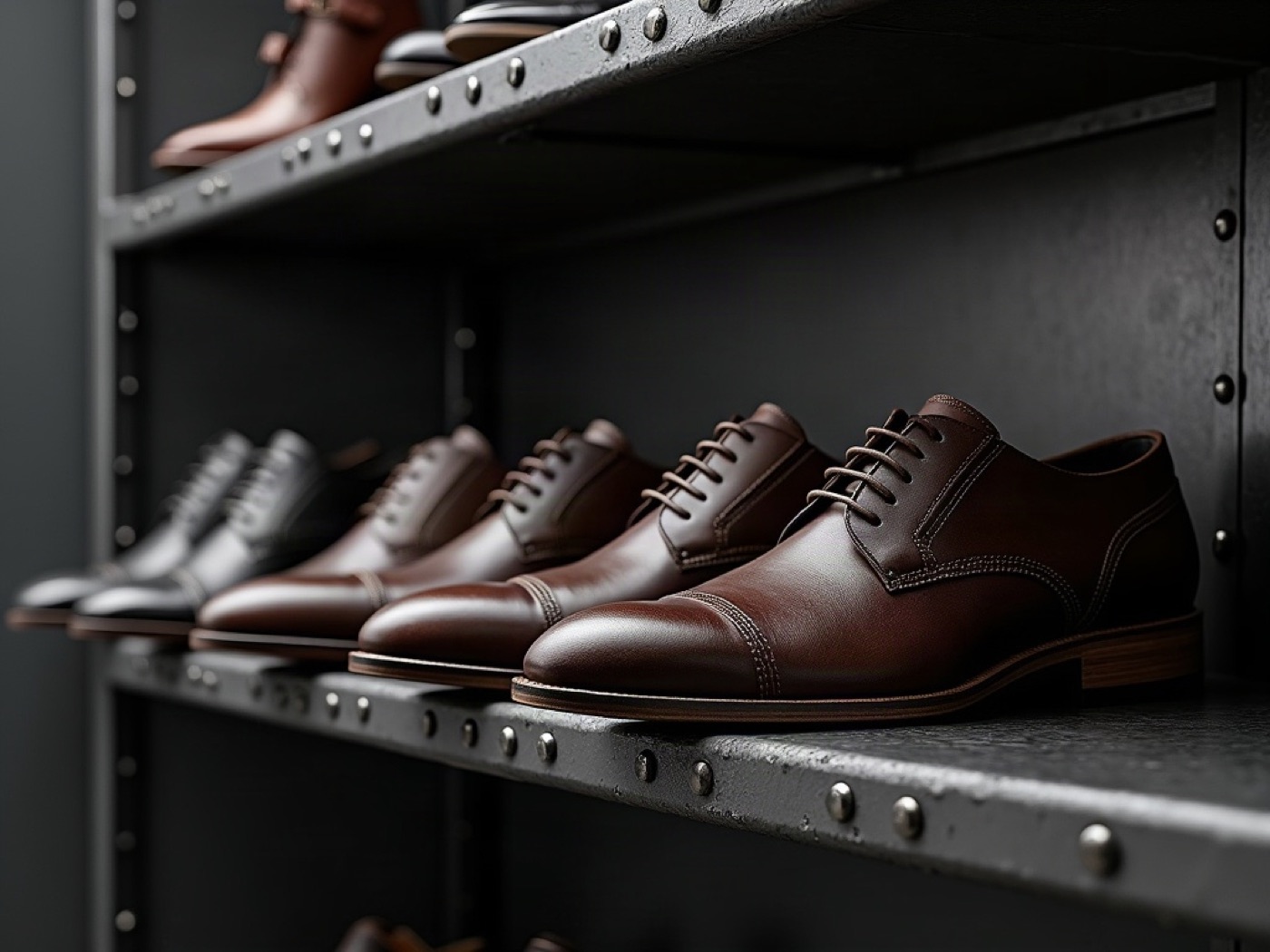 Leather dress shoes lined on a steel industrial shelf